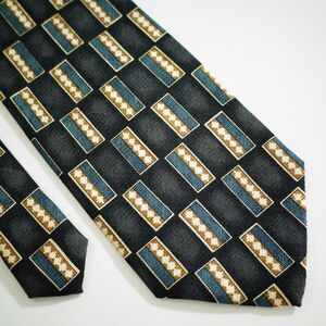 Louis Roth Black Blue Tan‎ Abstract Geometric  Jacquard Print Wide Silk Tie
